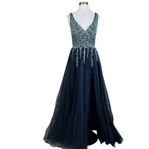 Blondie Nites Sequined Tulle Backless A-Line Ball Gown Navy Size 9 Formal Dress